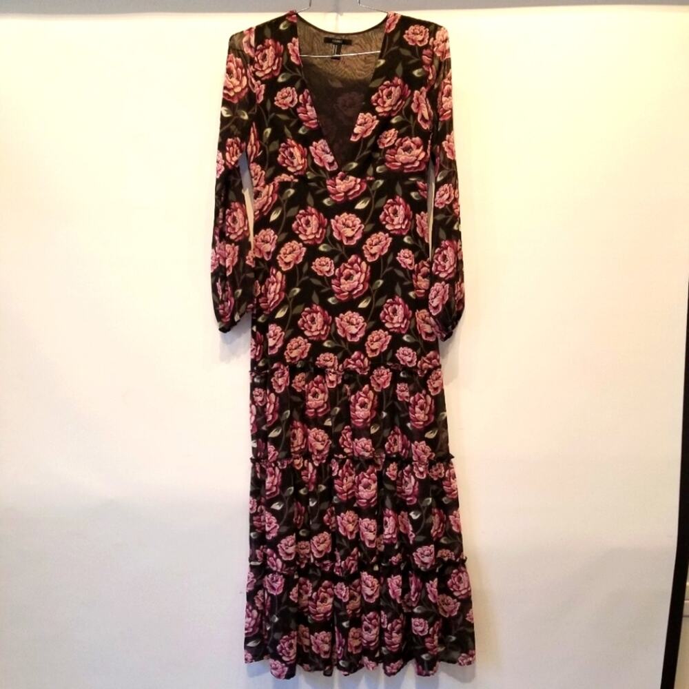 Forever 21 Floral Maxi Dress Black Purple Ruffle Sheer Front Slit Lined Size M